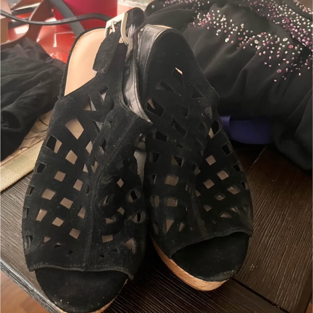 Women's Black Suede Cutout Wedge Sandals
